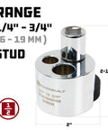 Pro Grade Stud Extractor Tool for removing broken or seized studs and damaged bolts, showing size range and drive details.