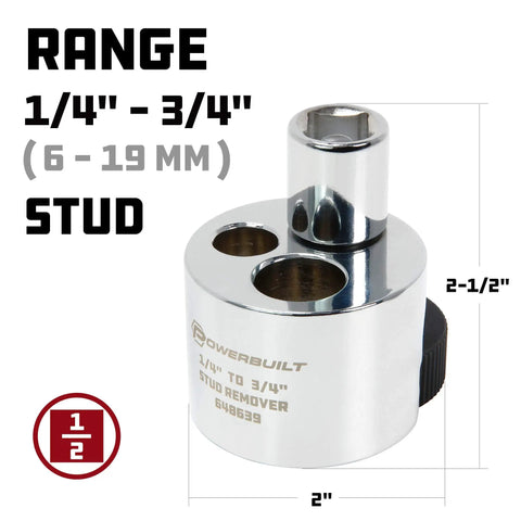 Pro Grade Stud Extractor Tool for removing broken or seized studs and damaged bolts, showing size range and drive details.