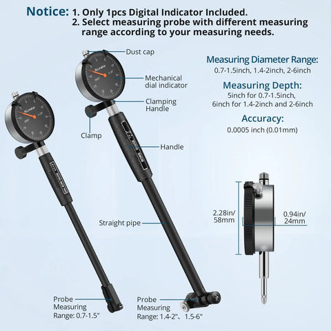 Precision Dial Bore Gauge 0.7 To 6 Inch Range With 6 Inch Depth, 0.0005 Inch Accuracy, 23 Anvils, Chrome Plated Handle