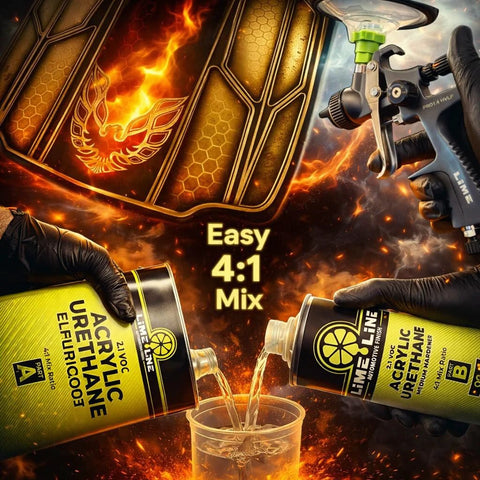 LiME LiNE 2K Clearcoat Automotive Paint Kit with Hardener; two yellow/black acrylic urethane cans and spray gun
