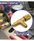 1/4 Inch SAE AC Valve Core Tee Adapter With Brass Swivel Connector For HVAC Line Repair Pro Grade Quick Coupler Access Tee in use
