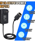 12V AC To DC Power Adapter, 24 Watt Car Cigarette Lighter Plug, black compact transformer with protections for tire pumps and mini fridges.