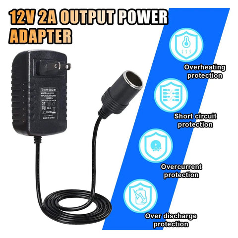 12V AC To DC Power Adapter, 24 Watt Car Cigarette Lighter Plug, black compact transformer with protections for tire pumps and mini fridges.