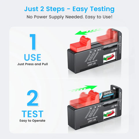 Magnetic Battery Tester For AA AAA C D 9V And 1.5V Button Cells With Secure Magnetic Hold Delivers Fast Accurate Checks On Household Alkaline Batteries No Drama, two-step use guide
