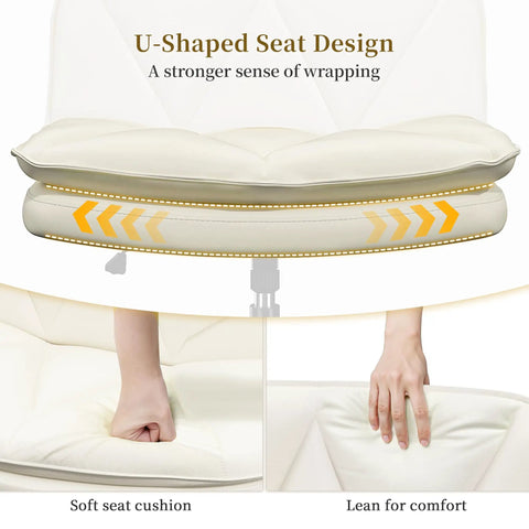 Criss Cross Legged Swivel Office Chair With Wheels, thick two-layer cushion detail, U-shaped seat design, Beige