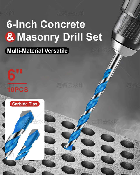 Front view of Wuqazu 10-piece 6-inch masonry drill bit set with carbide tips and hex shank