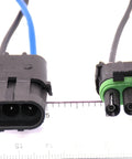 Front view of 3-pin IP67 waterproof automotive connector set; black housing with blue wires and green gasket