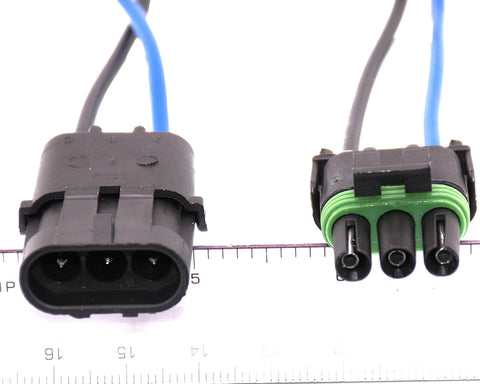 Front view of 3-pin IP67 waterproof automotive connector set; black housing with blue wires and green gasket