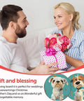 Couple exchanging gifts with flowers and Dog Diamond Art Coaster Kit For Beginners with Holder DIY 8 Pack Diamond Painting Coasters.