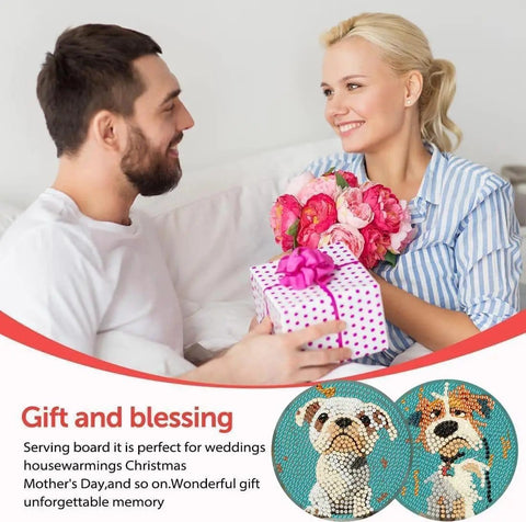 Couple exchanging gifts with flowers and Dog Diamond Art Coaster Kit For Beginners with Holder DIY 8 Pack Diamond Painting Coasters.