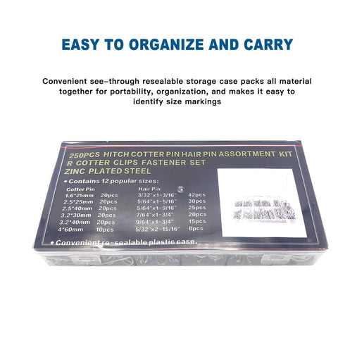 Pro Grade Cotter Pin And Hairpin Pin Assortment Kit 250 Pcs with see-through case for easy storage and organization.