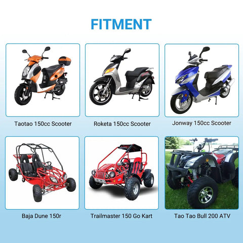 Fitment options for GY6 150Cc PD24J Carburetor Kit with scooters, go karts, and ATVs from Taotao, Roketa, Jonway, Baja, Trailmaster.