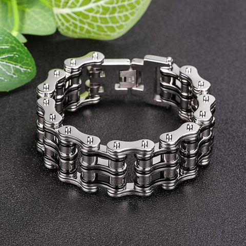 Men's 316L Stainless Steel Chain Bracelet In Silver Black Finish For Gearheads And Riders on display with clasp open.