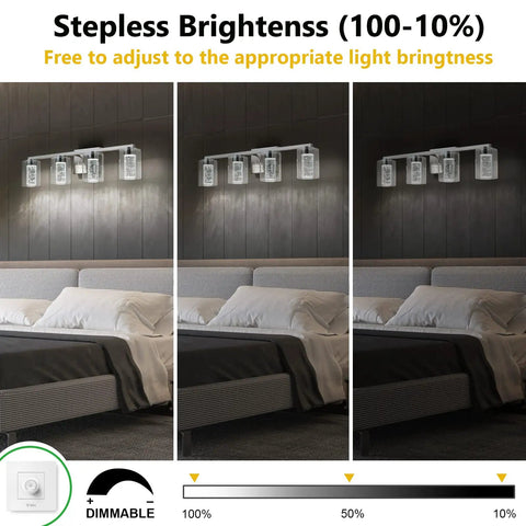 Dimmable 4 Light Brushed Nickel Vanity Light With 3 Color Modes 3000K 4000K 6500K LED Wall Fixture Over Bed With Clear Glass Shades