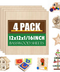 Front view of 4-pack 12x12x1/16 in unfinished basswood sheets for crafts