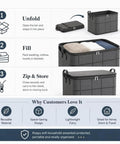 Big Boy Sized Foldable Storage Bin With Smooth Zipper Heavy Duty Nonwoven Fabric Easy Tidy Closet Organizer infographic showing usage steps.