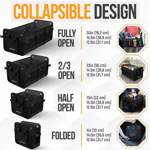 Trunk Organizer With Cooler For SUV And Car, multi-compartment storage box, showing sizes from fully open to folded.