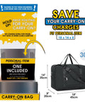 Foldable Travel Duffel Bag 30L Fits Underseat Personal Item 18x14x8 shown beside carry-on size guide.
