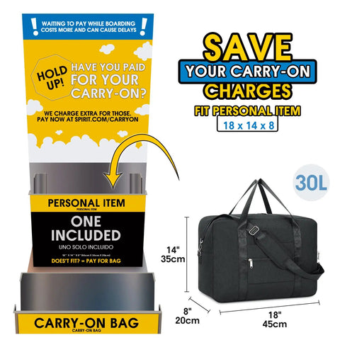 Foldable Travel Duffel Bag 30L Fits Underseat Personal Item 18x14x8 shown beside carry-on size guide.