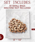 Small Vacuum Sealer Bags Kit With 2 Bonus Clips, 30-Pack 8x10 Inches shown with cashews inside bag.