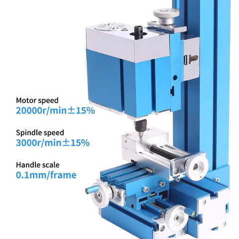 DIY Friendly Mini Power Milling Machine For Wood Metal And Plastic Hobbyists Desktop Milling Tool For Small Shops And Garages 20000 RPM Motor 24W 3000 RPM Spindle W104MB, vertical view