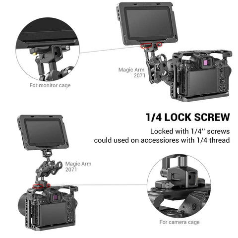Badass Low Profile NATO Rail Quick Release Safety Mount Fifty Millimeter Long Camera Cage Accessory With Standard Thumbscrews attached to a camera rig.