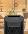 Compact Indoor Space Heater With Remote, 1500W PTC Ceramic, showing controls and digital display in living room setting