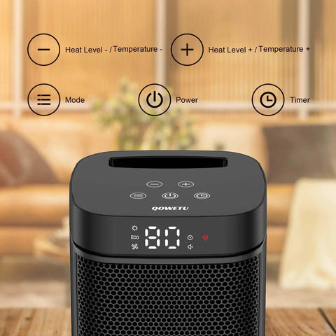 Compact Indoor Space Heater With Remote, 1500W PTC Ceramic, showing controls and digital display in living room setting