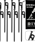 Eight Rugged Heavy Duty 8 Inch Steel Tent Stakes For Camping with storage bag, showing forged steel construction and design.