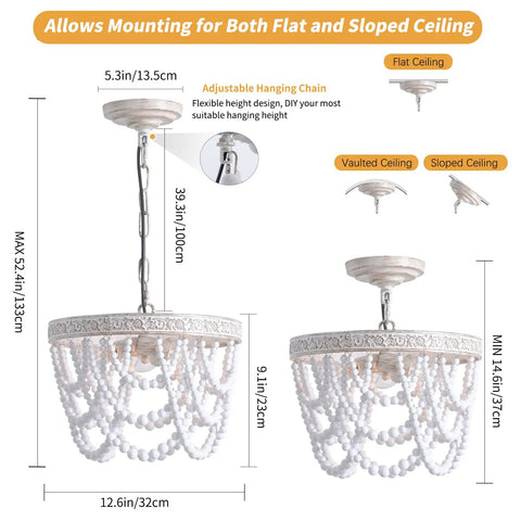 Three Light Wood Bead Pendant Light With Boho Engraved Pattern Ring Fixture for flat and sloped ceilings in farmhouse decor
