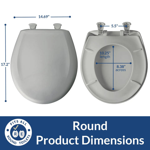 Slow Close Toilet Seat With Easy Clean Hinges Durable Plastic Round Venetian Pink Made In USA dimensions diagram
