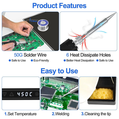 Features of 120W LED Soldering Iron Kit With 7 Second Heat Up, Adjustable 356-968F Temperature, showing solder wire and welding process.