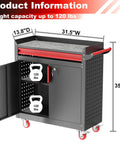 Beefy Metal Garage Storage Cabinet On Wheels With Lockable Doors And Adjustable Shelves, Pegboard, And Heavy Duty Tool Locker For Garage Or Warehouse. Black metal cabinet, 31.5W x 13.8D x 35.4H.