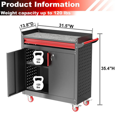 Beefy Metal Garage Storage Cabinet On Wheels With Lockable Doors And Adjustable Shelves, Pegboard, And Heavy Duty Tool Locker For Garage Or Warehouse. Black metal cabinet, 31.5W x 13.8D x 35.4H.