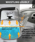 Whistling Stovetop Tea Kettle With Big Capacity And Fast Heat Technology Built With Thick Durable Body For All Cooktops Induction Compatible Professional Teapot For Quick Boil And Easy Pour demonstrating max water line and steam arrows