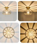 Brass Glass Semi Flush Mount Ceiling Light One Light Vintage Gold Fixture For Hallways Foyers Entryways Kitchens And Bathrooms Close To Ceiling With Crystal Cut Glass shown from multiple angles highlighting crystal cut shade