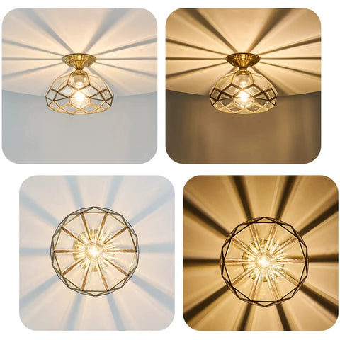 Brass Glass Semi Flush Mount Ceiling Light One Light Vintage Gold Fixture For Hallways Foyers Entryways Kitchens And Bathrooms Close To Ceiling With Crystal Cut Glass shown from multiple angles highlighting crystal cut shade