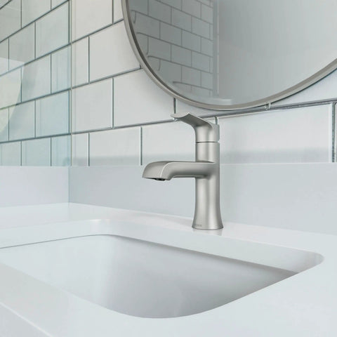 LISO One-Handle Bathroom Faucet In Spot Resist Brushed Nickel installed on a white sink with tiled backsplash