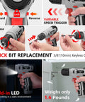 8V Cordless Drill With LED Light And 146 Piece Home Repair Tool Set In Portable Box Hand Drill Kit For Men And Women DIY Handyman Essentials Lightweight Ergonomic Grip Quick Bit Change Great For House Projects features and usage instructions.