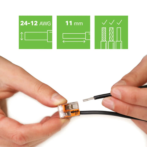 Hands using 221-412 Compact Lever Nuts Splicing Connectors, 2-Conductor, 24-12 AWG with wire gauge and insertion depth details.