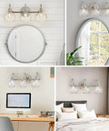 3 Bulb Brushed Nickel Wall Sconce With Clear Globe Glass Shade Totally Straight Fire Farmhouse Lighting Fixture For Bathroom Mirror And Kitchen E26 Socket Base Legit above mirror and desk, showcasing lighting effects in different settings.