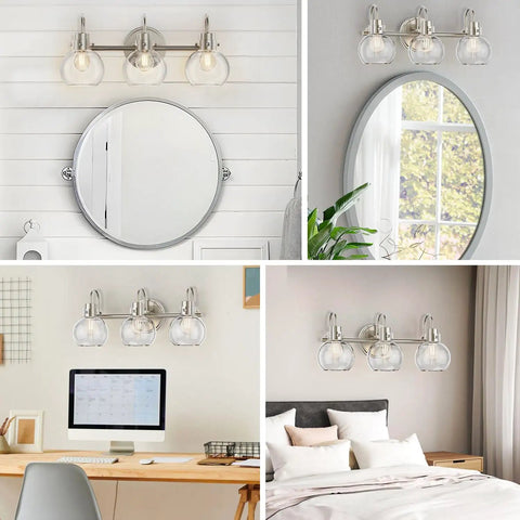 3 Bulb Brushed Nickel Wall Sconce With Clear Globe Glass Shade Totally Straight Fire Farmhouse Lighting Fixture For Bathroom Mirror And Kitchen E26 Socket Base Legit above mirror and desk, showcasing lighting effects in different settings.