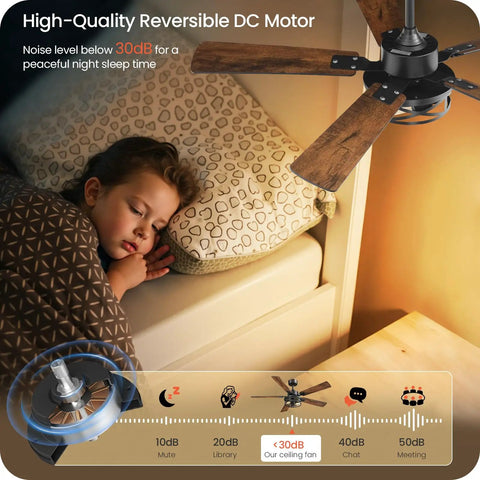 Child sleeping under Dope Farmhouse Style 42 Inch Ceiling Fan With Lights And Remote, 6 Speeds, Timer, Reversible DC Motor