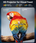 Comparison of HD projector resolution with 720p showing a colorful parrot image on a branch, highlighting visual clarity.