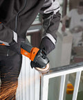 Professional Cordless Angle Grinder Runs Smooth And Hits Hard With Multi Volt Battery Interface Built Tough For Daily Cutting And Grinding Tasks in use on metal rail.