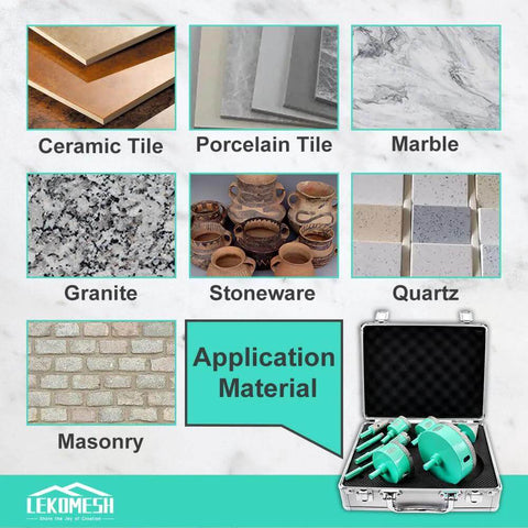 LEKOMESH tile hole saw kit with diamond core bits in a case; displays ceramic, porcelain, marble, granite tile samples.