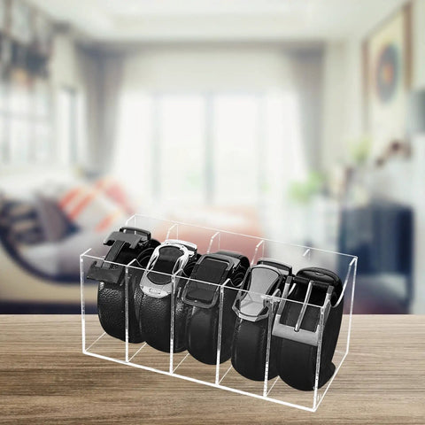 Upgrade Your Drawer Storage Vibe Today With This Sturdy Clear Acrylic Belt Organizer Designed With Five Flexible Foldable Sections To Store Ties And Belts, showcasing black belts.