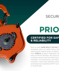 Hand Chain Hoist 2200 Lb, 10 Ft Lift, Dual Hooks, Forged Locks 4 To 1 Safety, shown with safety certification details.