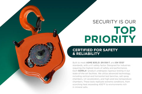 Hand Chain Hoist 2200 Lb, 10 Ft Lift, Dual Hooks, Forged Locks 4 To 1 Safety, shown with safety certification details.