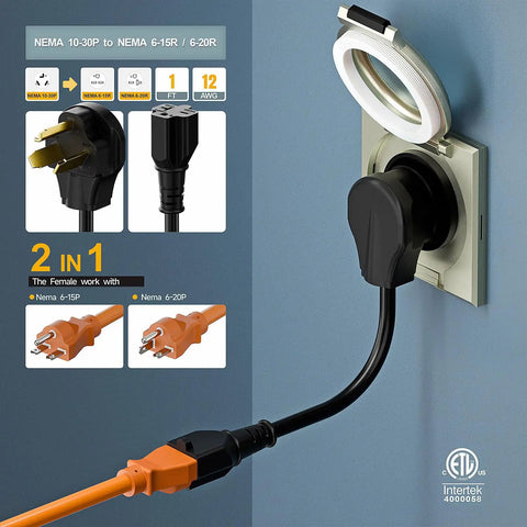 10 30P To 6 20R Dryer Adapter 30 Amp 125 250 Volt Heavy Duty 1 Foot Cord 12 AWG plugged into wall socket